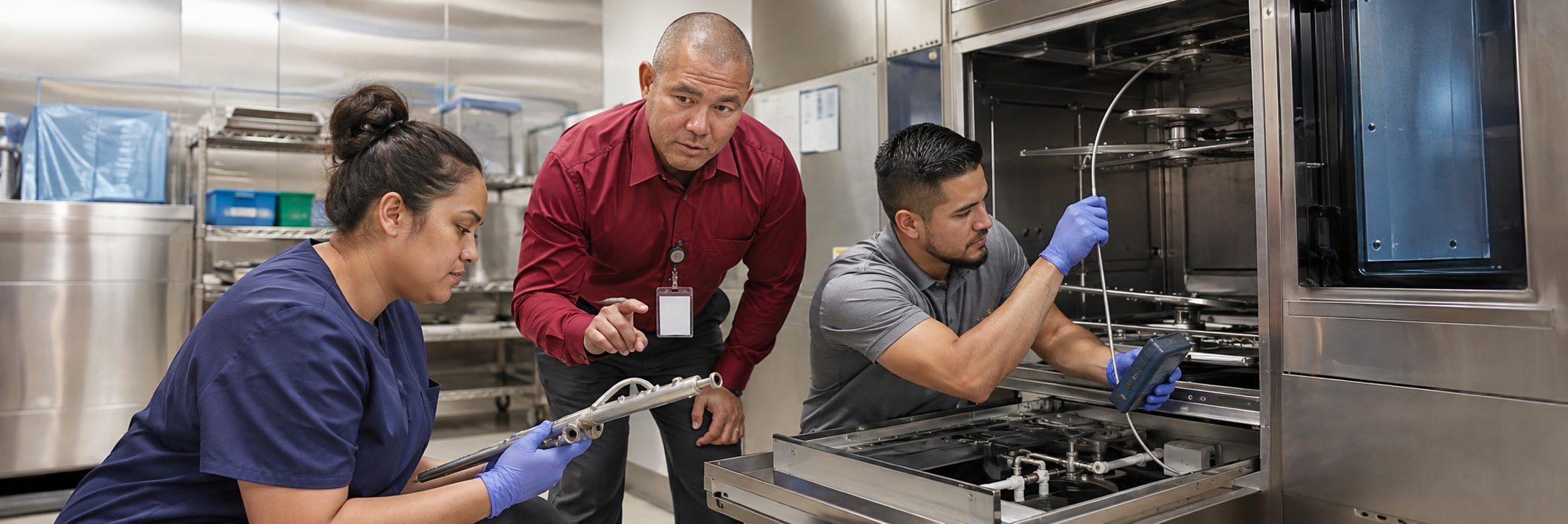 HTM technicians inspecting operating room surgical lights during scheduled service